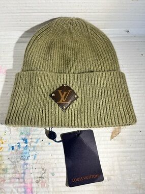Louis Vuitton Olive Ribbed Wool Beanie with LV Leather Patch